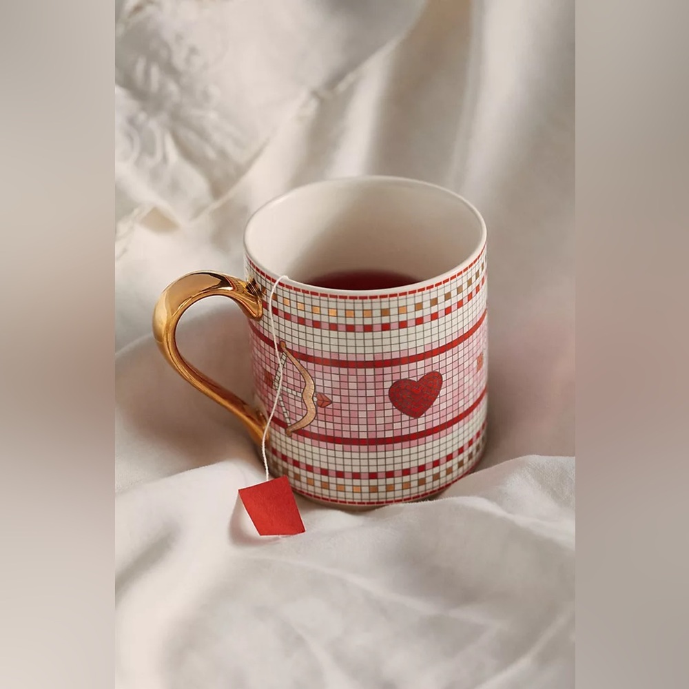 New Anthropologie Bistro Tile Stoneware 24k Gold Accent Mug: Valentine's Edition